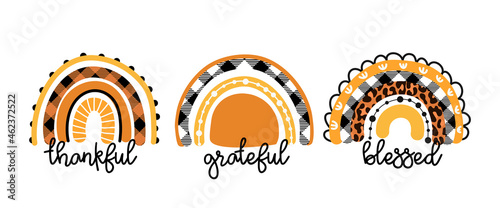 Thankful Grateful Blessed - Religion quote Thanksgiving day, lettering message. Handwritten modern brush calligraphy for fall. Good for home decor, posters, cards. Autumn sticker.