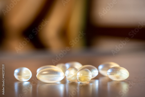 Closeup of capsules with Omega 3 Oil made from Algae