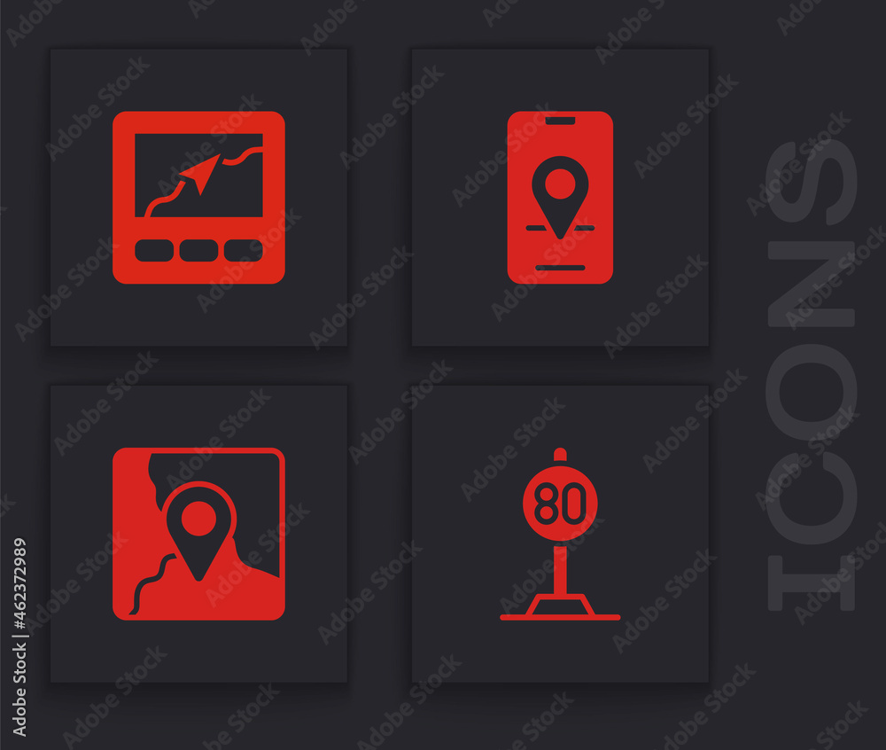 Set Speed limit traffic, Gps device with map, City navigation and Folded location marker icon. Vector