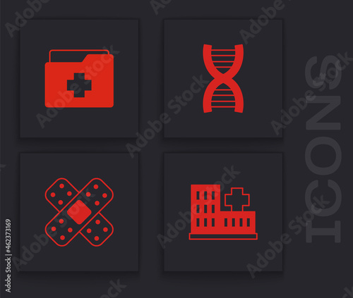 Set Hospital building, Patient record, DNA symbol and Crossed bandage plaster icon. Vector
