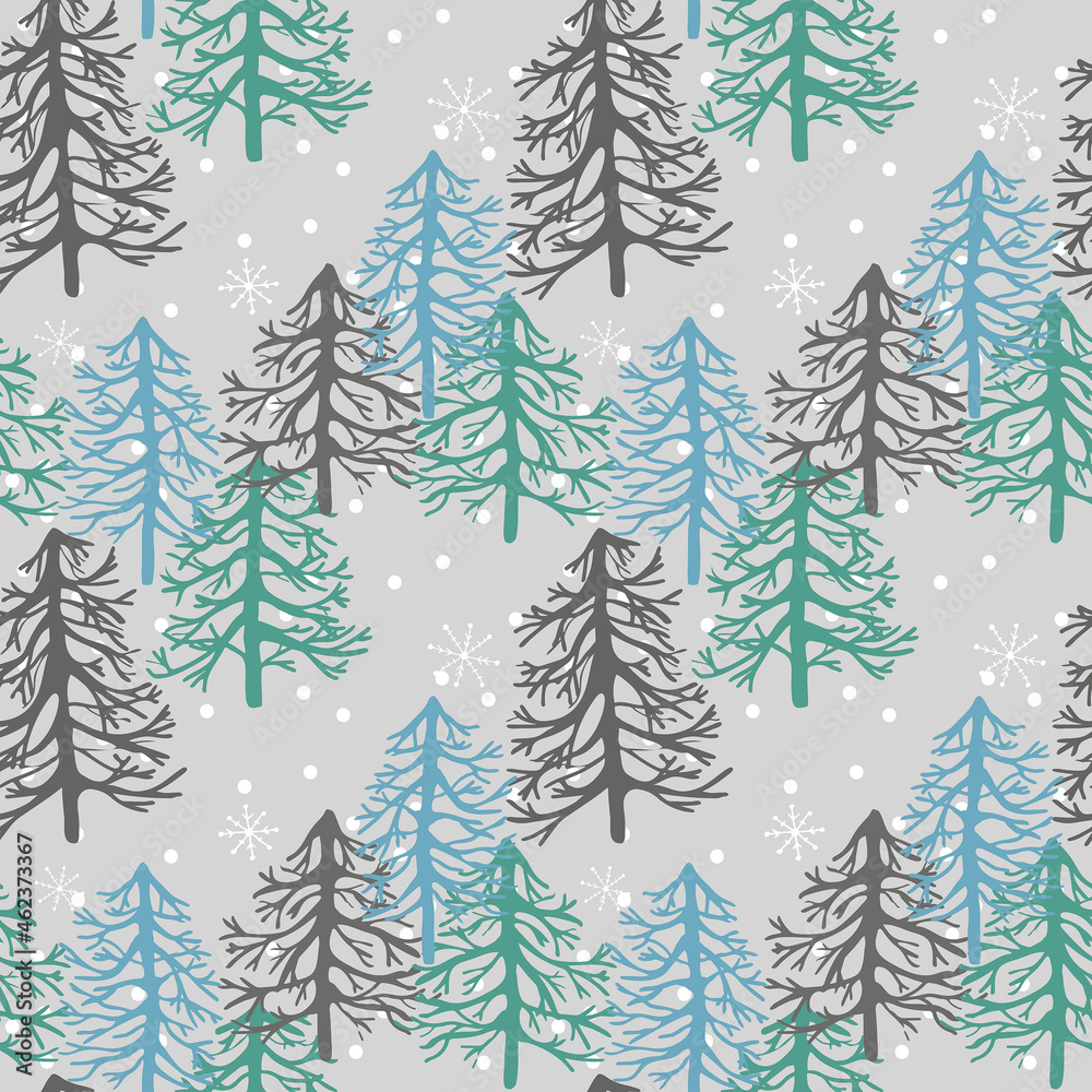 Winter forrest with Christmas trees and snow in the grey background, illustration Winter forrest with Christmas trees and snow in the grey background, illustration