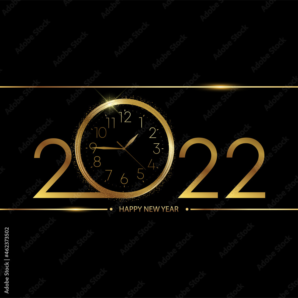 2022 Happy New Year card with golden watch on black background. Vector