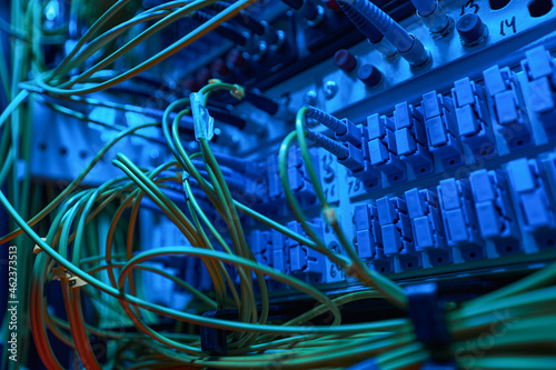 Cables plugged into patch panel of server cabinet