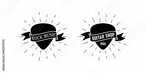 Vector illustration with a grunge texture guitar pick, rays, ribbon with text on a white background. Design element for print, emblem, badge, tattoo, sticker and label. Musical symbolism.