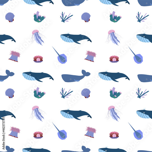 Sea animal seamless pattern with whale, jellyfish and stringray, seashell, coral. Undersea world habitants print. Hand drawn underwater life vector illustration. Funny cartoon marine animals