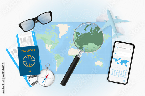 Conceptual illustration of a trip to Russia with travel gear.