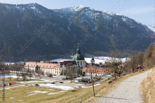 View on Ettal abbey. With snow covered mountains in the background. © Chris Redan