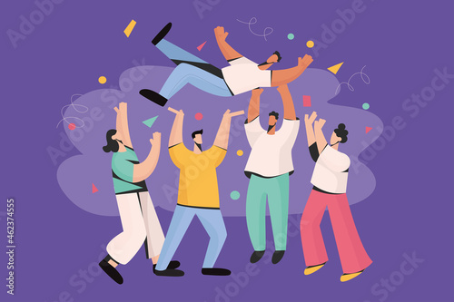 Diverse friends have fun celebrate birthday throw person up in air. Smiling happy people have business success celebration, goal victory achievement. Party, win concept. Vector illustration. 