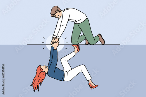 Helping hand and support concept. Young smiling man cartoon character sitting on knees giving hand to woman helping her to climb up vector illustration 