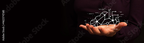 Hand and circle tech on technology background. photo