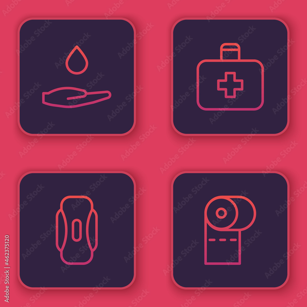 Set line Washing hands with soap, Sanitary napkin, First aid kit and Toilet paper roll. Blue square button. Vector Set line Washing hands with soap, Sanitary napkin, First aid kit and Toilet paper roll. Blue square button. Vector