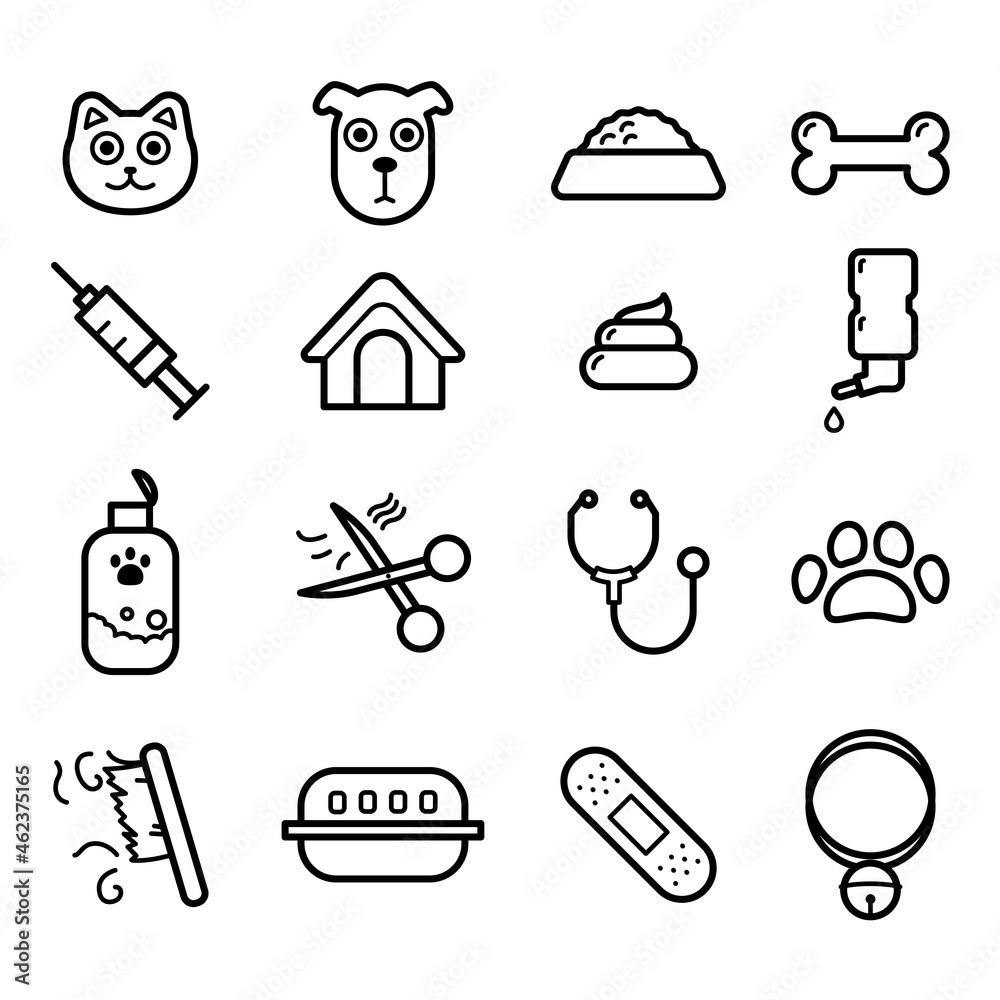 Fototapeta premium Cute vet icon set. simple line icons of pets, toys and veterinary equipment.