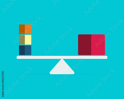 Uniqueness, balance, leadership and competition concept. Red box and three ones on seesaw weight scale in equilibrium. Flat design. Vector illustration