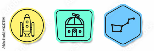 Set line Space shuttle and rockets, Astronomical observatory and Great Bear constellation. Colored shapes. Vector