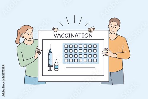 Vaccination calendar and healthcare during pandemic concept. Young people girl and boy standing near huge board with syringe and vaccination lettering vector illustration 