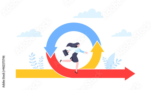 Agile development methodology business concept flat style design vector illustration isolated on white background. Agile life cycle for software development diagram. Business person run into project.