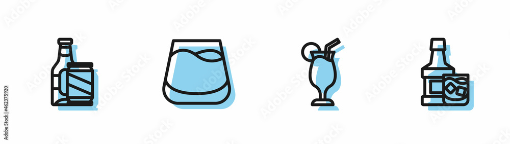 Set line Cocktail, Beer bottle and beer can, Glass of whiskey and Whiskey glass icon. Vector Set line Cocktail, Beer bottle and beer can, Glass of whiskey and Whiskey glass icon. Vector