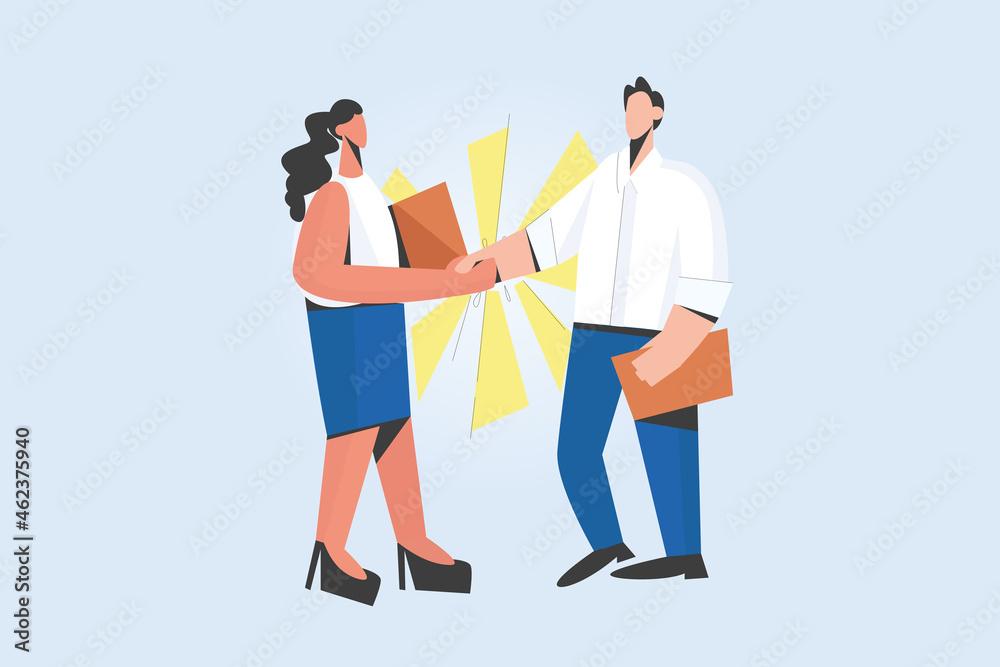 Diverse people shake hand get acquainted greeting at work interview in office. Man woman handshake close deal make agreement after successful meeting. Recruitment, employment. Vector illustration. 