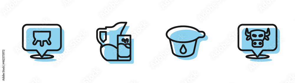 Set line Yogurt container, Udder, Milk jug or pitcher and glass and Cow head icon. Vector Set line Yogurt container, Udder, Milk jug or pitcher and glass and Cow head icon. Vector