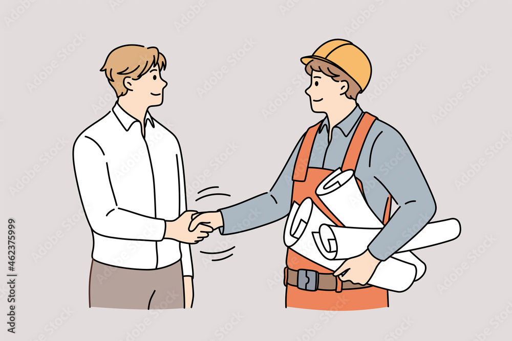 Cooperation between management and engineering concept. Young smiling men engineer constructor and manager customer standing shaking hands after successful collaboration vector illustration Cooperation between management and engineering concept. Young smiling men engineer constructor and manager customer standing shaking hands after successful collaboration vector illustration