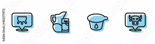Set line Yogurt container, Udder, Milk jug or pitcher and glass and Cow head icon. Vector
