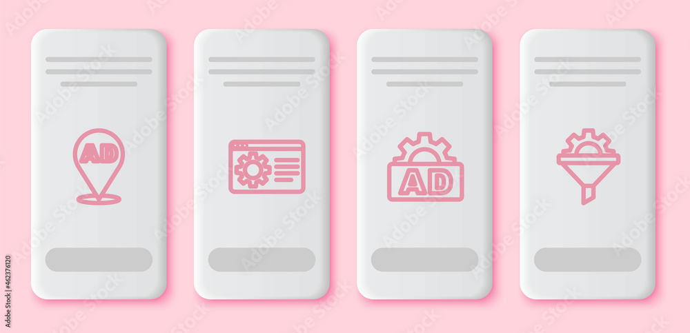 Set line Advertising, Browser setting, and Sales funnel with gear. White rectangle button. Vector Set line Advertising, Browser setting, and Sales funnel with gear. White rectangle button. Vector