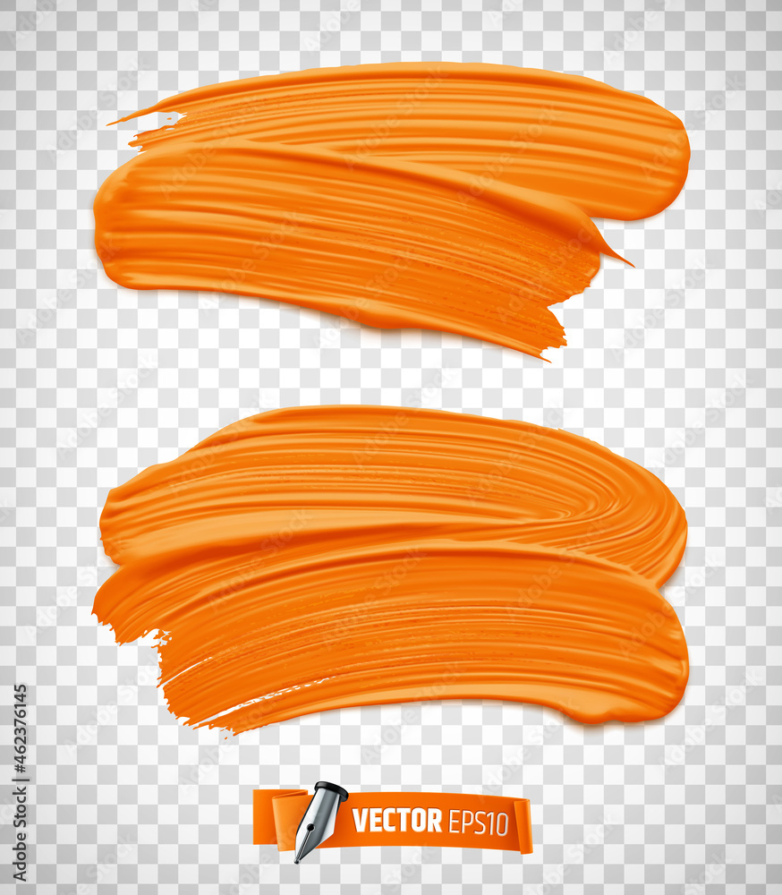 Vector realistic orange paint brush strokes on a transparent background