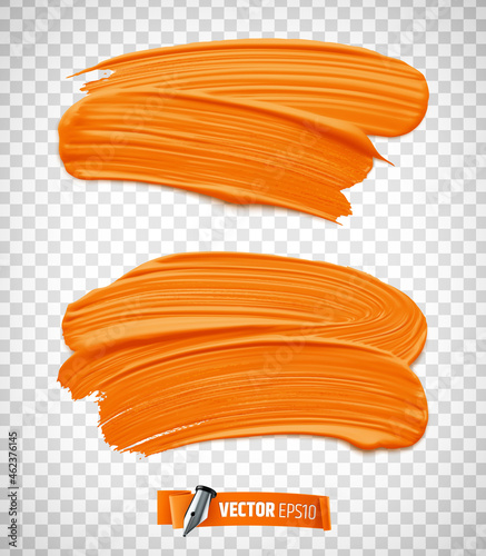Vector realistic orange paint brush strokes on a transparent background.