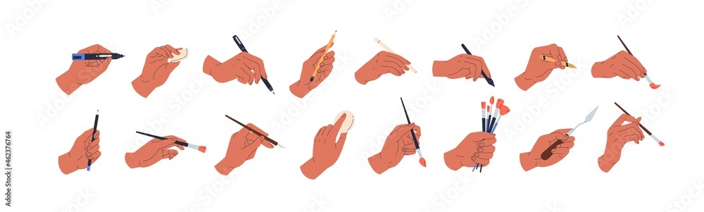 Set of painters hands draw and paint with pencil, chalk, pen, brush, paintbrush, painting knife, oil pastel and other artists tools. Colored flat vector illustration isolated on white background - obrazy, fototapety, plakaty 