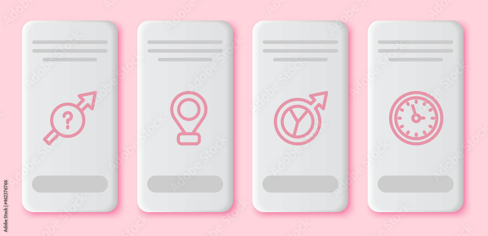 Set line Arrow, Location, Financial growth and Clock. White rectangle button. Vector
