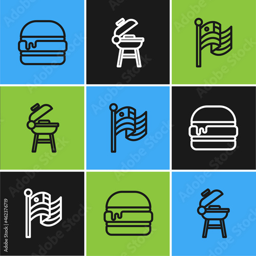 Set line Burger, American flag and Barbecue grill icon. Vector