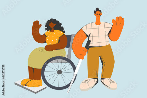 Group of positive happy disabled people show optimism and motivation. Diverse smiling handicapped man and woman with special needs. Diversity, disability, help and assistance. Vector illustration. 