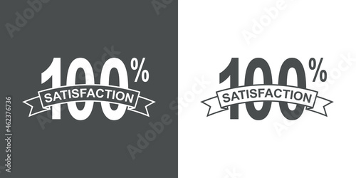 Banner con texto Satisfaction 100 por ciento en cinta en fondo gris y fondo blanco