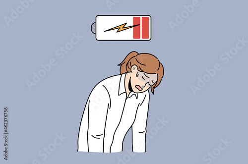Exhaustion and Low energy concept. Young sad depressed tired woman office worker standing with hands down feeling totally exhausted with battery low vector illustration 
