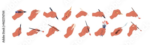 Set of painters hands draw and paint with pencil, chalk, pen, brush, paintbrush, painting knife, oil pastel and other artists tools. Colored flat vector illustration isolated on white background
