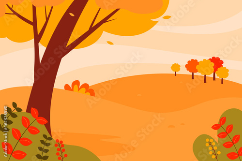 Autumn landscape with a beautiful view  trees in orange foliage  mountains  clouds. Vector illustration.