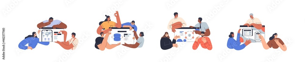 Teams set presenting information technology projects, web interfaces of websites, landing pages and applications. UI design concept. Flat graphic vector illustration isolated on white background - obrazy, fototapety, plakaty 