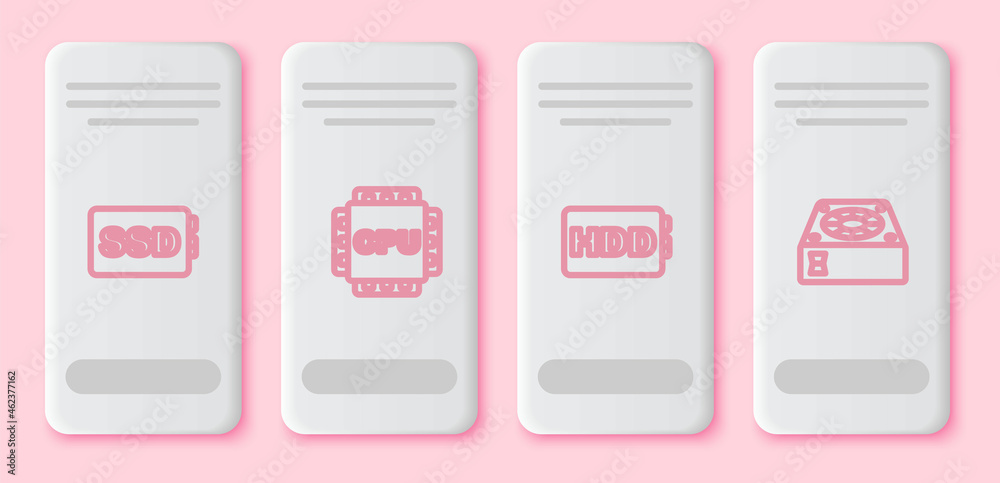 Set line SSD card, Processor with CPU, Hard disk drive HDD and Computer cooler. White rectangle button. Vector Set line SSD card, Processor with CPU, Hard disk drive HDD and Computer cooler. White rectangle button. Vector