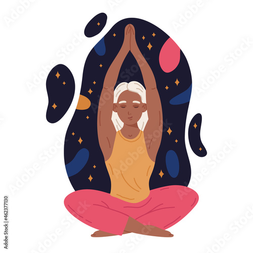 Doodle meditating girl. Female character relief stress in yoga lotus pose, becalmed human meditating concept. Tranquility, calm and meditation flat vector illustration