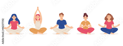 Meditating people. Female and male characters in yoga lotus posture, meditation practice concept cartoon vector illustration set. Flat mind and emotions harmony people