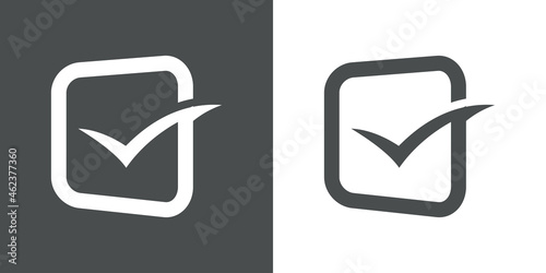 Logotipo con cuadrado en perspectiva como casilla de verificación con checkmark en fondo gris y fondo blanco