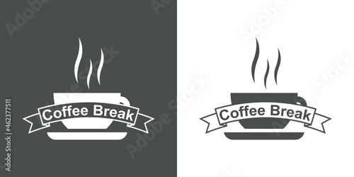 Banner con texto Coffee Break en cinta con taza de café con humo en fondo gris y fondo blanco