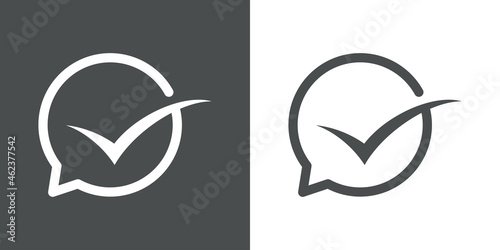 Logotipo con burbuja de habla como de casilla de verificación con checkmark en fondo gris y fondo blanco