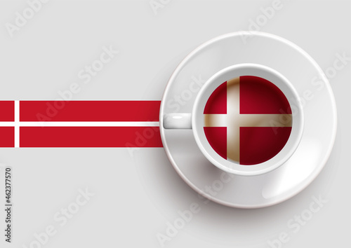 Free Download Denmark flag with a tasty coffee cup on top view and a gradient background. Hot beverage with Denmark flag, vector illustration. 
 - GFXLoad