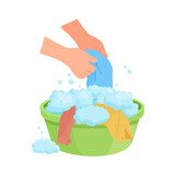 Vector illustration washing washing clothes by hands in basin with soap foam isolated on white background