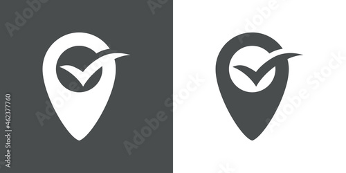 Logotipo con puntero de posición con checkmark de casilla de verificación en fondo gris y fondo blanco