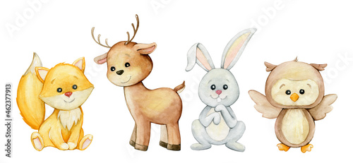 fox  deer  bunny  owl. Watercolors. forest  animals. in cartoon style  on an isolated background.