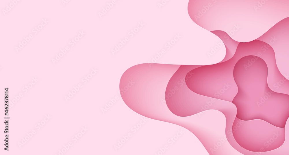 Paper cut background with waves and hole. Pink 3d abstract backdrop with smooth wavy layers. Women's Breast Cancer Concept. Horizontal poster template in rose color. Female vector card illustration Paper cut background with waves and hole. Pink 3d abstract backdrop with smooth wavy layers. Women's Breast Cancer Concept. Horizontal poster template in rose color. Female vector card illustration