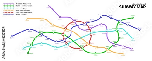 Subway map. Template of fictional town public transport scheme for underground transition road. Metro or bus abstract traffic pattern with circular color routes. Vector card illustration for design.