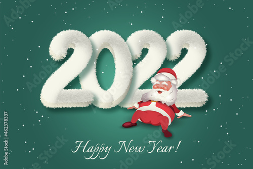 2022 New Year with smiling Santa Clause. Fluffy numbers. Vector Illustration.